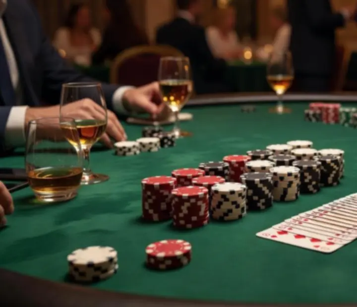 Elegancko zaaranżowany stół pokerowy z żetonami i kartami