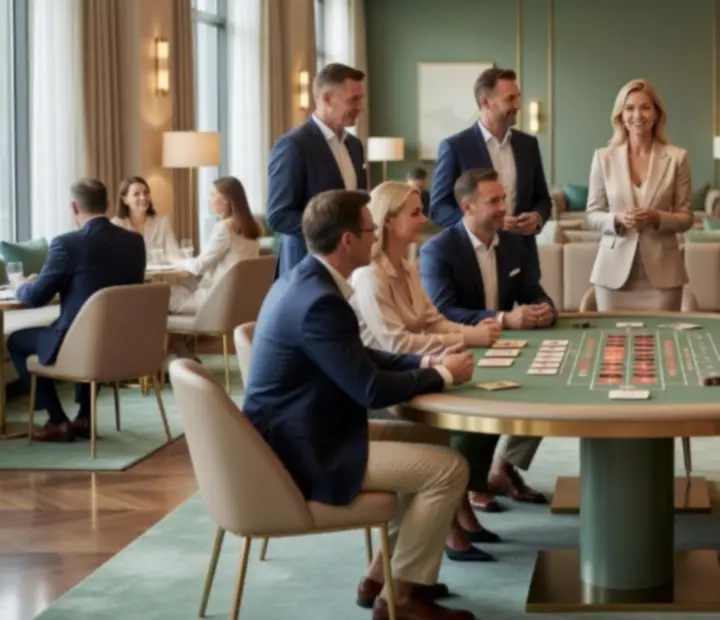 Event firmowy z elegancką aranżacją stołów i nastrojowym oświetleniem