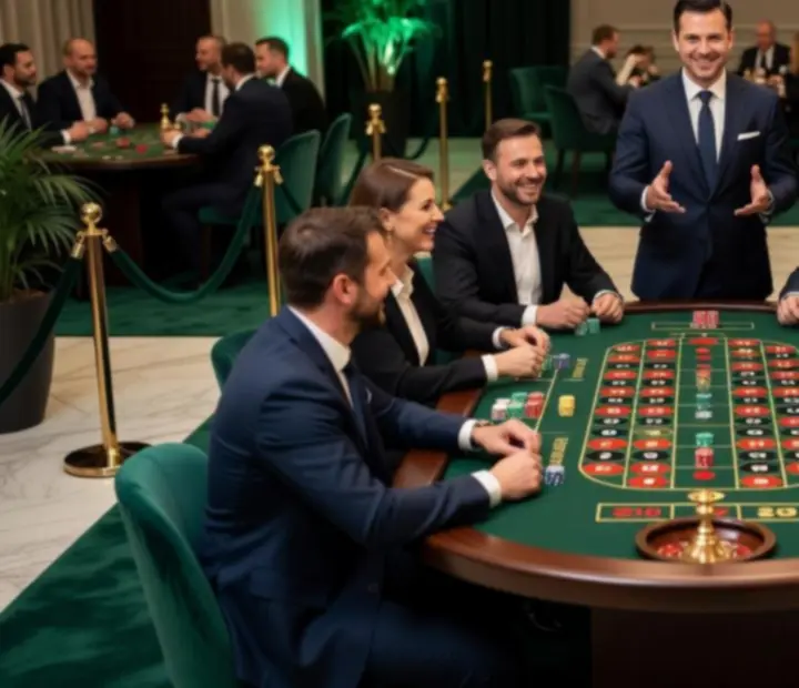 Zespół IT podczas firmowego eventu integracyjnego przy stołach w stylu kasynowym