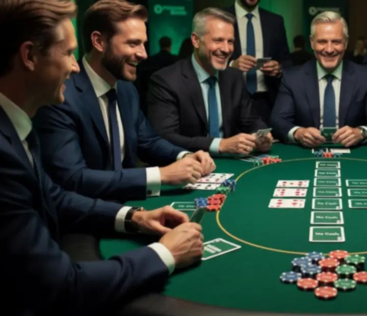 Firmowy stół pokerowy z kartami i żetonami w eleganckiej aranżacji