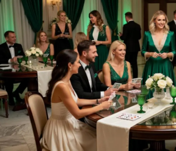 Elegancki wieczór eventowy w klimacie kasyna, uczestnicy przy stolikach z kartami