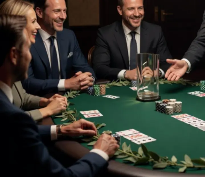 Profesjonalny stół pokerowy z żetonami, kartami i eleganckim oświetleniem